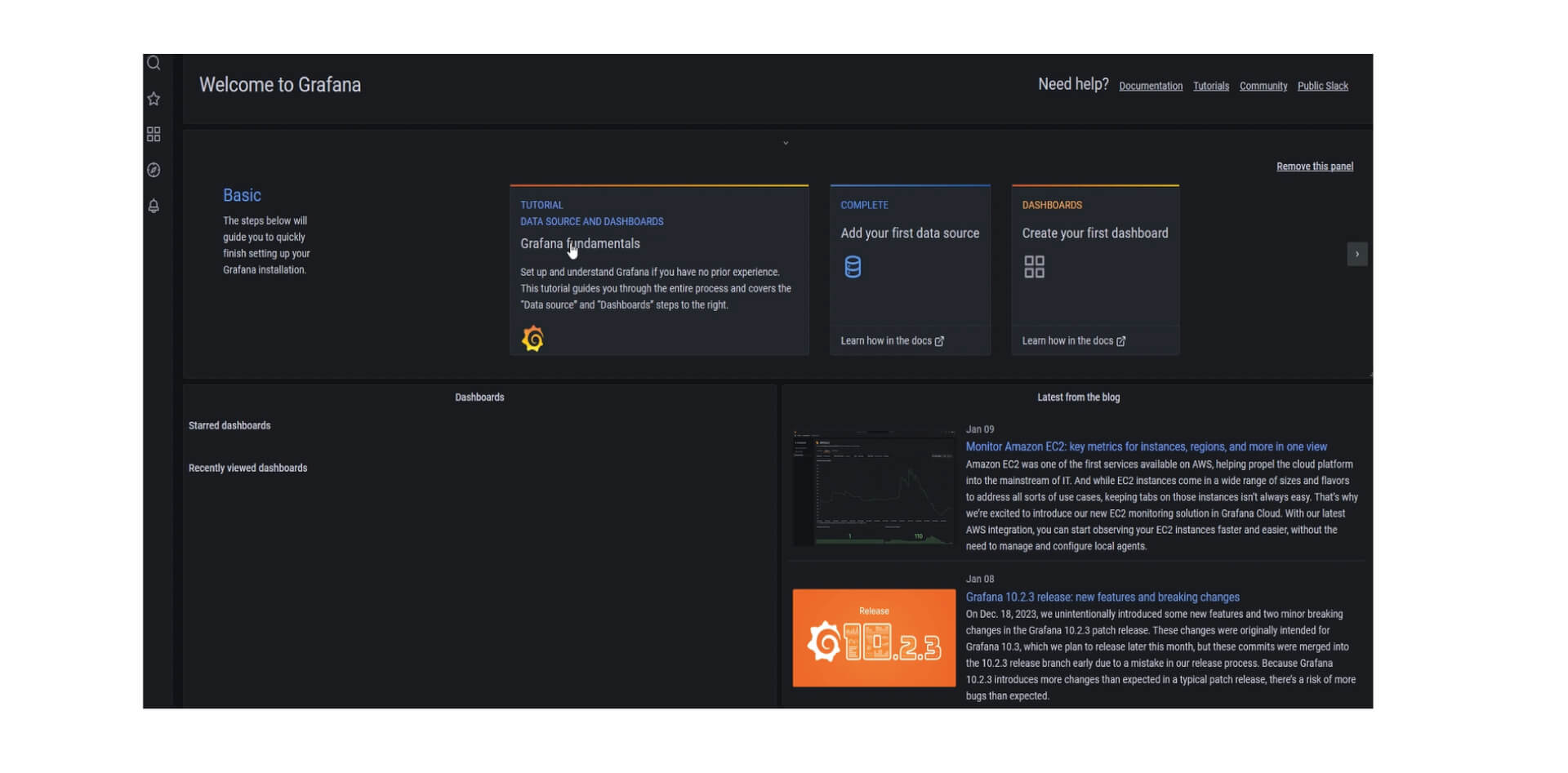 Das Bild ist ein Screenshot der Startseite des Grafana-Dashboards. Es zeigt eine Willkommensnachricht und eine schwarze Seitenleiste links mit Optionen wie 