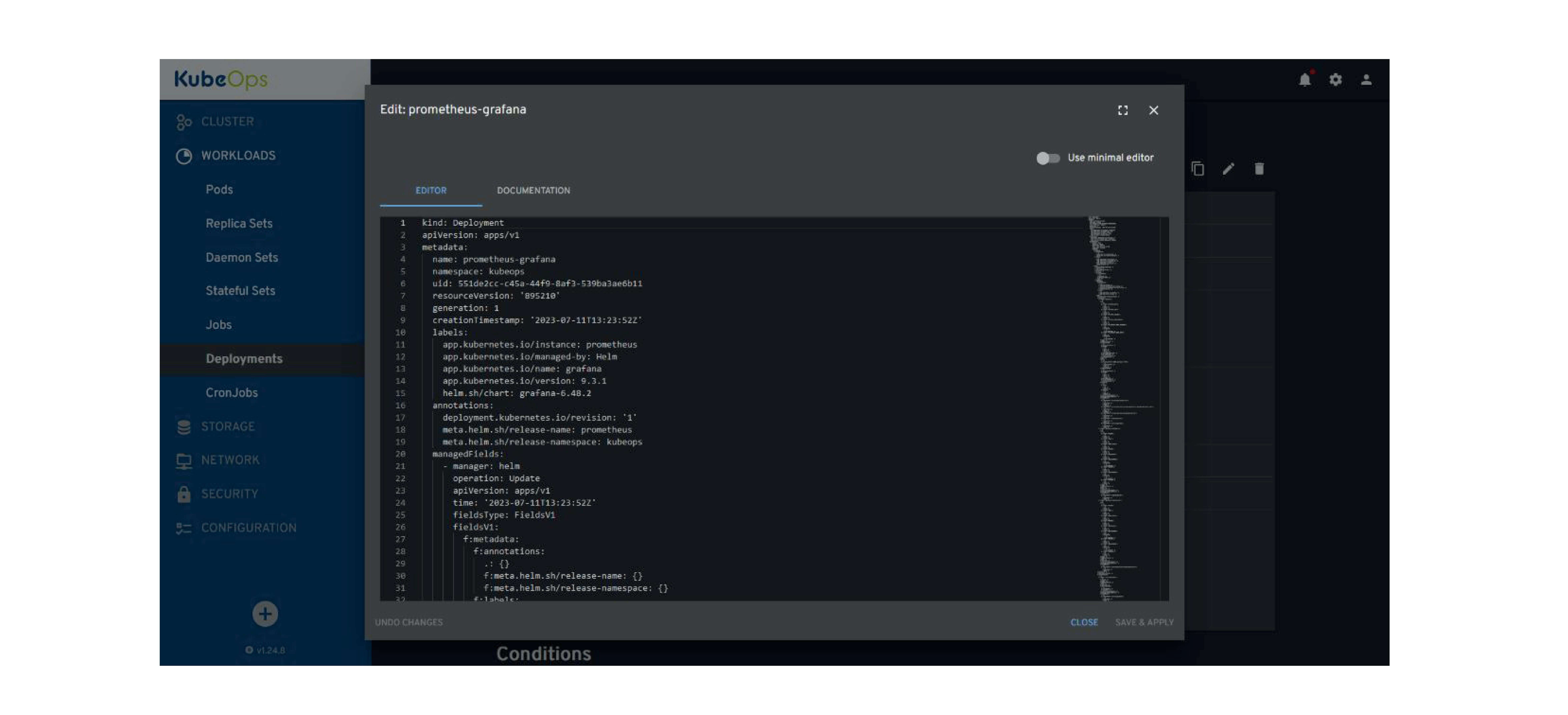 Das Bild zeigt einen Bildschirm der KubeOps-Benutzeroberfläche zur Bearbeitung der Deployment-Konfiguration von 