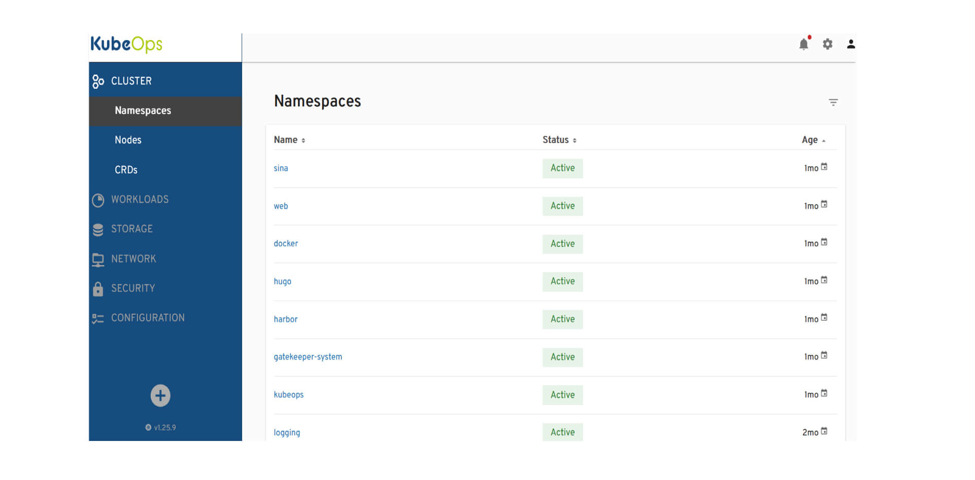 Das Bild zeigt die Benutzeroberfläche des KubeOps-Dashboards, das die Details der Namespaces eines Kubernetes-Clusters anzeigt. Auf der linken Seite befindet sich eine Navigationsleiste mit verschiedenen Menüpunkten wie 