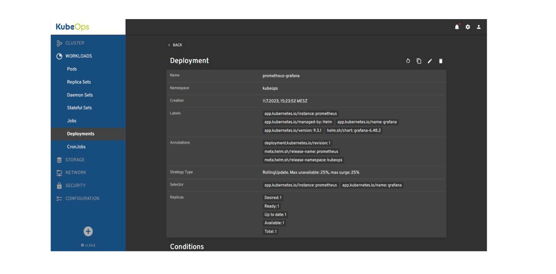 The image depicts a user interface of the KubeOps dashboard displaying details of a deployment named "prometheus-grafana". On the left, there's a navigation sidebar with various menu items such as "Cluster", "Workloads", "Storage", "Network", "Security", and "Configuration". The main panel shows the deployment's name, namespace as 'kubeops', creation timestamp, labels, annotations, strategy type 'RollingUpdate', selector, and replica details indicating one desired, ready, up-to-date, available, and total replica. The interface has a dark theme with text and icons in light colors for contrast.