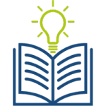 Icon eines offenen Buchs mit schwebender Glühbirne, symbolisiert Lernen und Innovation.