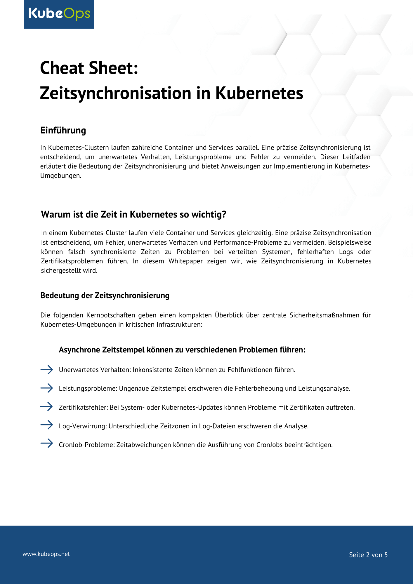 Einleitungsseite des Cheat Sheets „Time Synchronization in Kubernetes“ mit KubeOps-Logo, Hauptüberschrift, Einführungstext und einer Liste von Problemen durch asynchrone Zeitstempel in Kubernetes.