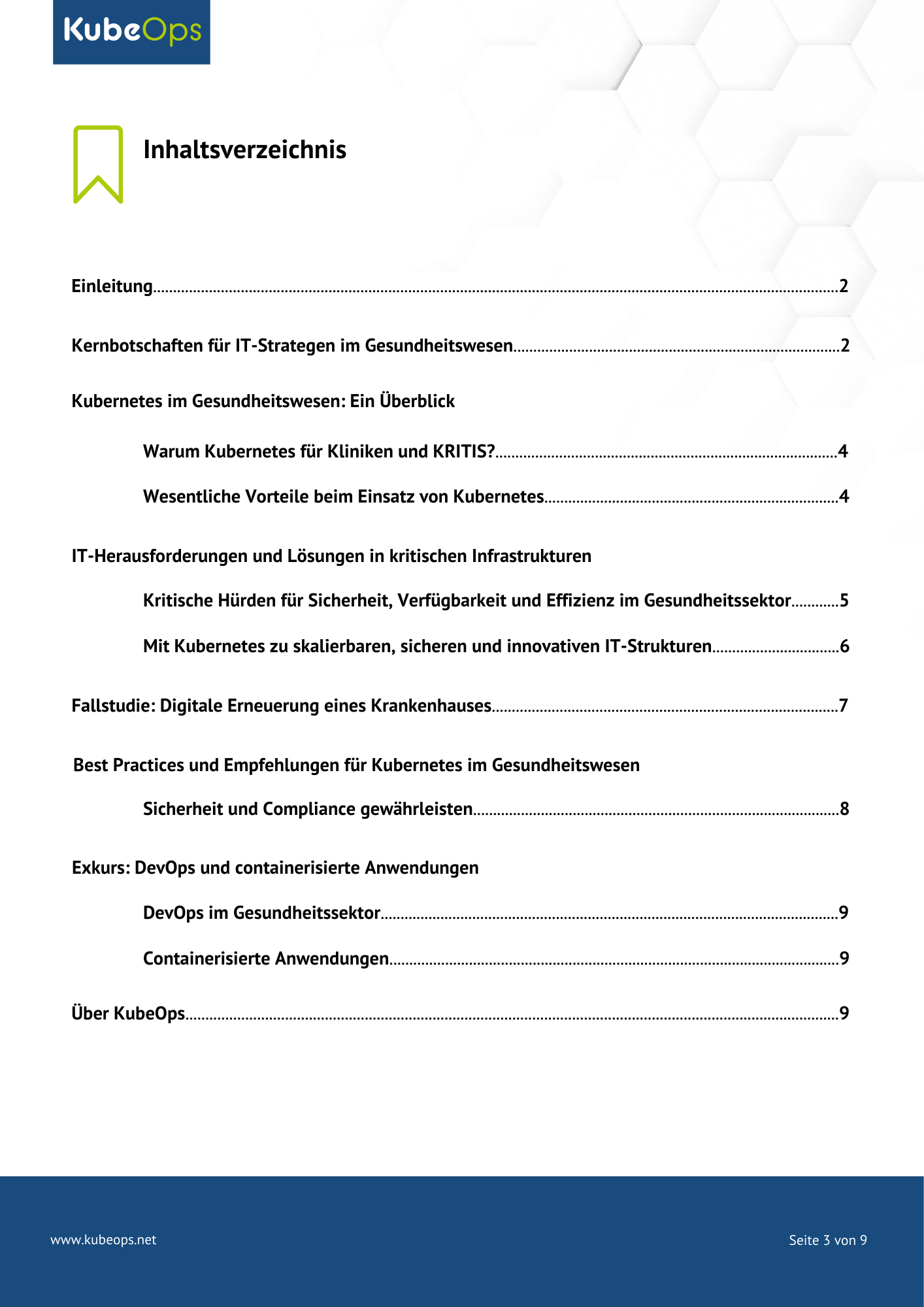  Inhaltsverzeichnis des Whitepapers „IT-Herausforderungen im Gesundheitswesen meistern“ mit KubeOps-Logo, einer stilisierten Lesezeichen-Grafik und einer Liste der Kapitel mit Seitenzahlen.