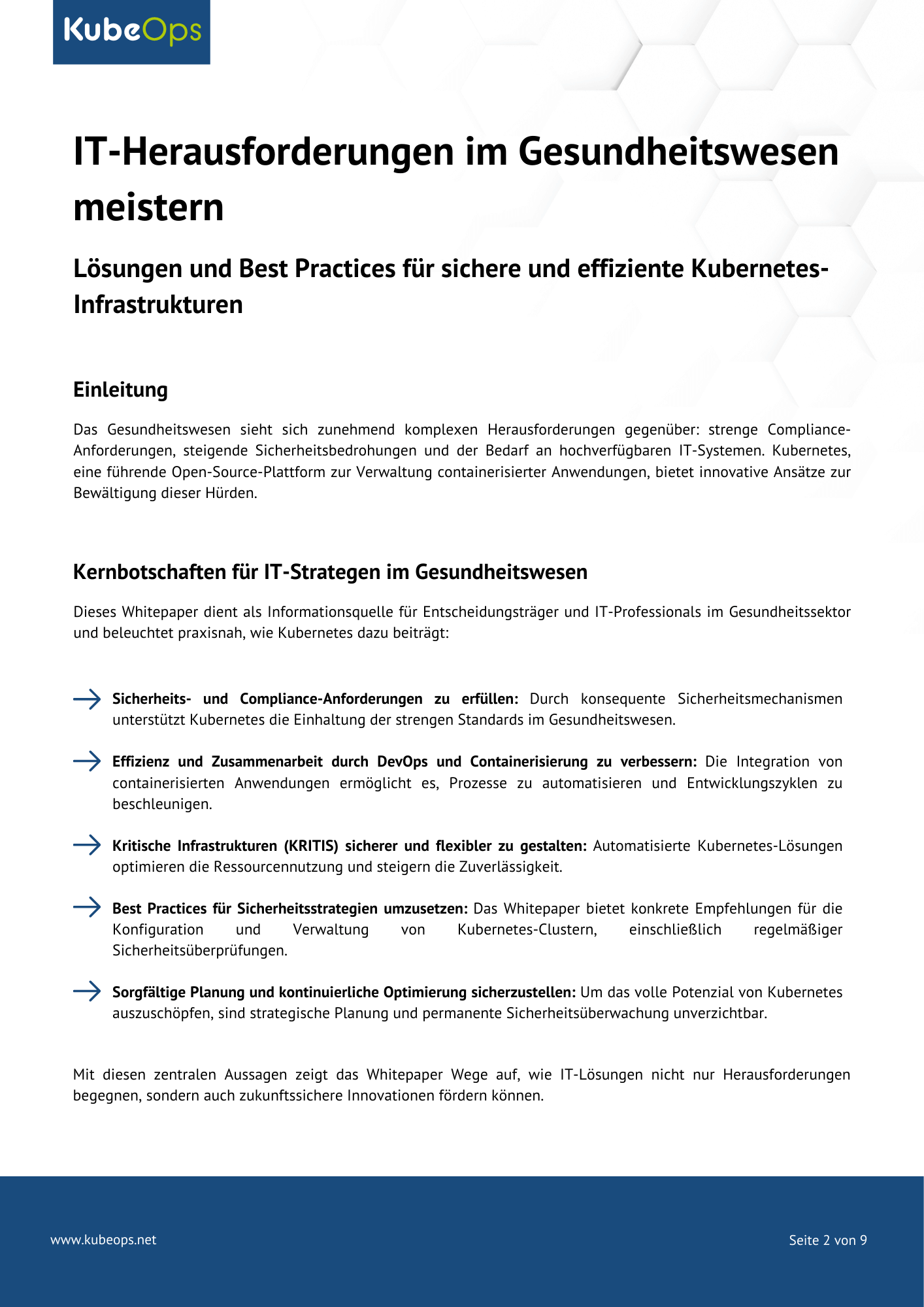  Einleitungsseite des Whitepapers „IT-Herausforderungen im Gesundheitswesen meistern“ mit KubeOps-Logo, Hauptüberschrift, Einführungstext zu IT-Herausforderungen und Kernbotschaften für IT-Strategien im Gesundheitswesen.