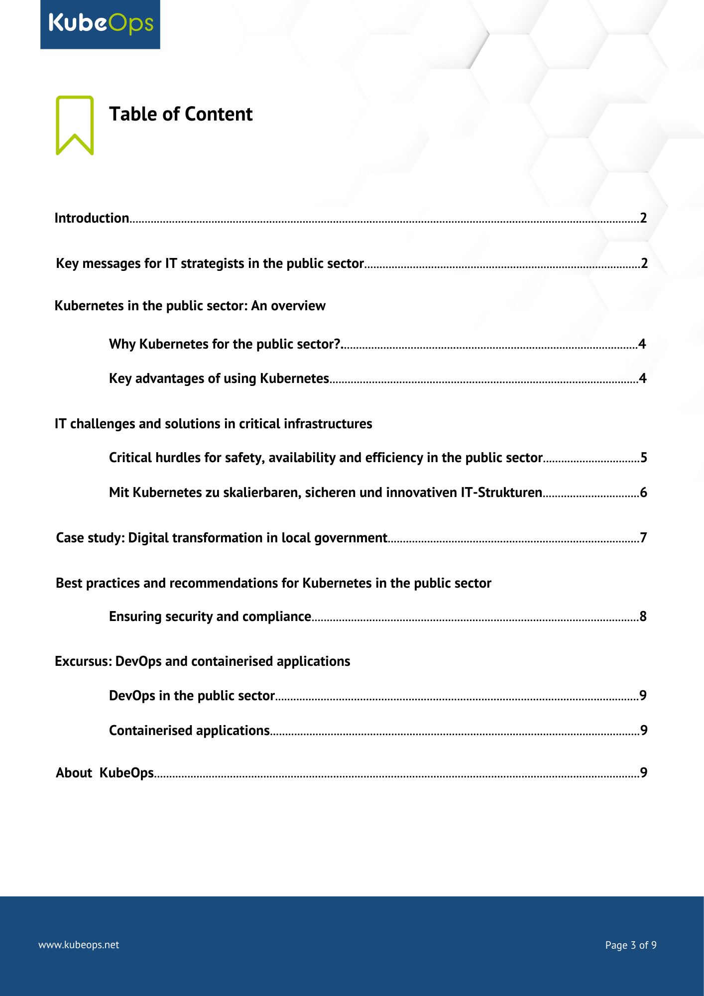  Inhaltsverzeichnis des Whitepapers „Lösungen für eine moderne IT im Public Sector“ mit KubeOps-Logo, einer stilisierten Lesezeichen-Grafik und einer Liste der Kapitel mit Seitenzahlen.