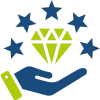 Icon mit offener Hand, die einen grünen Diamanten hält, umgeben von blauen Sternen, symbolisiert Mehrwert und Exzellenz