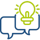 Icon mit zwei blauen Sprechblasen und grüner Glühbirne, symbolisiert aktuelle Themen und innovative Ideen.
