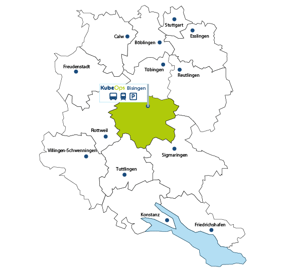 Regionalkarte von Baden-Württemberg mit hervorgehobenem KubeOps-Standort in Bisingen, inklusive Verkehrs- und Parkplatzinformationen.