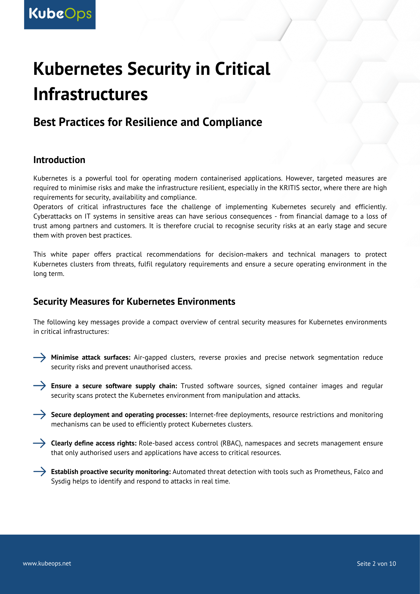 Introduction page of the whitepaper "Kubernetes Security in Critical Infrastructures" featuring the KubeOps logo, main title, subtitle, and introductory text on Kubernetes security.