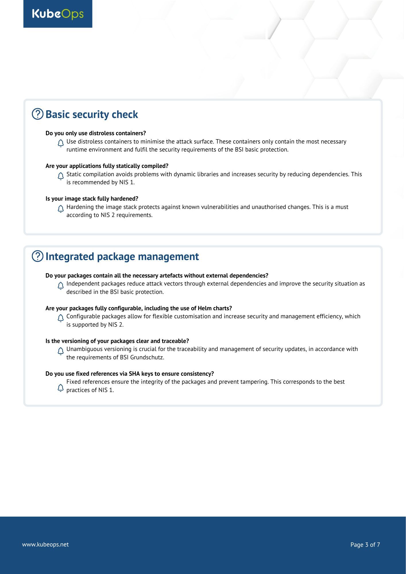 Second page of the "Security Checklist for Your Kubernetes Infrastructure" featuring the KubeOps logo, sections on basic security review and integrated package management, along with checkpoints on security measures.