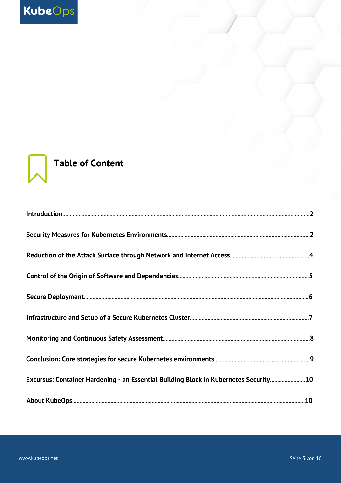 Table of contents of the whitepaper "Kubernetes Security in Critical Infrastructures" featuring the KubeOps logo, a stylized bookmark graphic, and a list of chapters with page numbers.