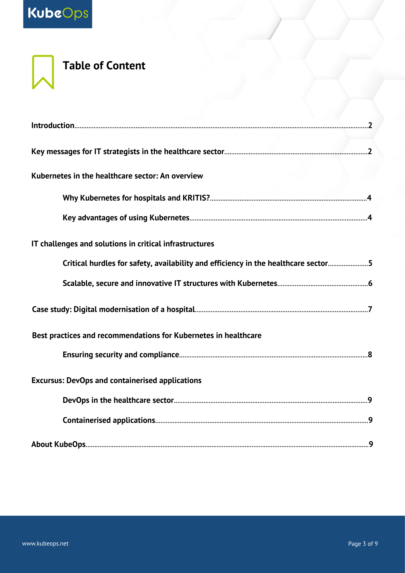 Table of contents of the whitepaper "Mastering IT Challenges in Healthcare" featuring the KubeOps logo, a stylized bookmark graphic, and a list of chapters with page numbers.