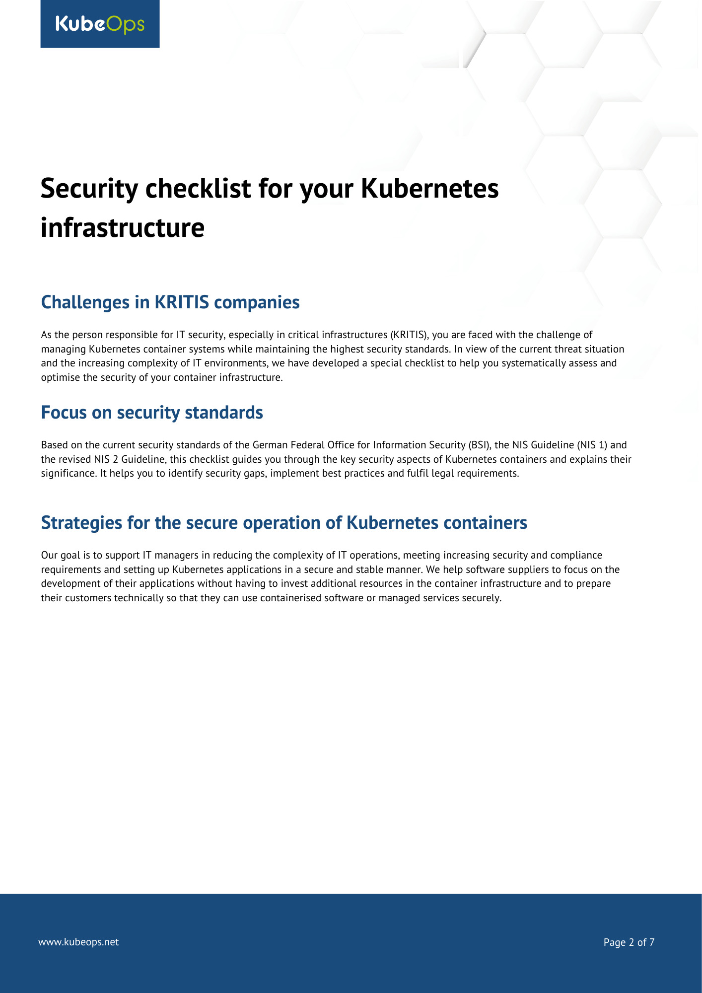 First page of the "Security Checklist for Your Kubernetes Infrastructure" featuring the KubeOps logo, main heading, introduction text on security requirements in critical infrastructure (KRITIS) companies, and strategies for compliance with security standards.