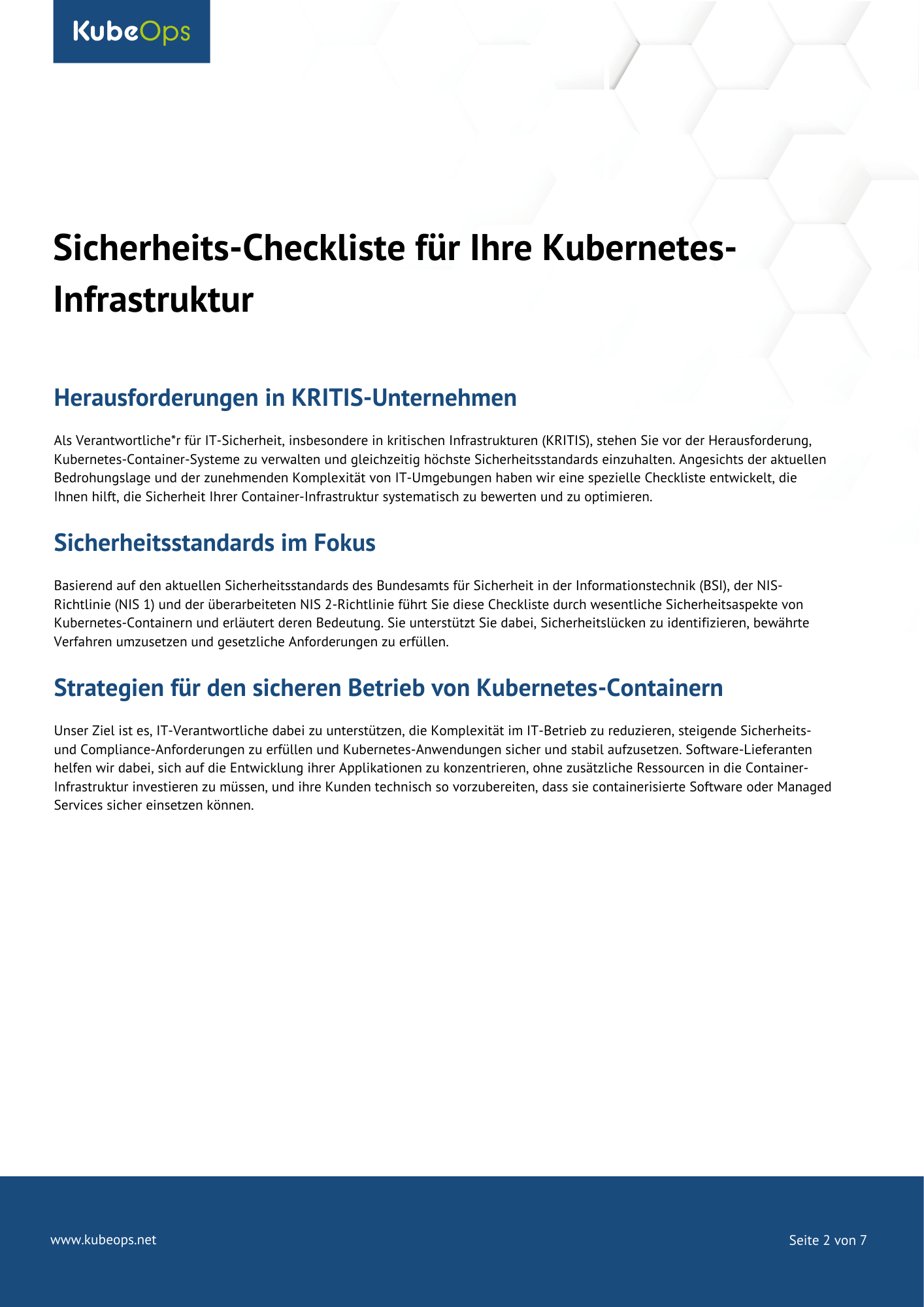 Erste Seite der „Sicherheits-Checkliste für Ihre Kubernetes-Infrastruktur“ mit KubeOps-Logo, Hauptüberschrift, Einleitungstext über Sicherheitsanforderungen in KRITIS-Unternehmen und Strategien zur Einhaltung von Sicherheitsstandards.