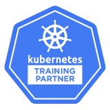 Logo des Kubernetes Training Partner mit weißem Steuerrad auf blauem Achteck.