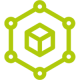 Grünes Icon eines Netzwerks in sechseckiger Form mit einem zentralen Würfel.