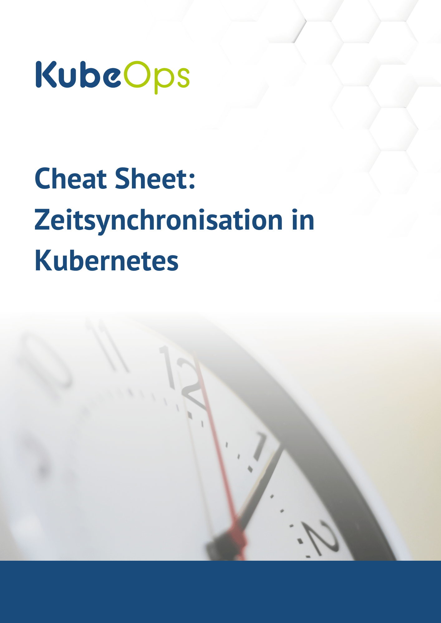 Titelbild des Cheat Sheets „Time Synchronization in Kubernetes“ mit KubeOps-Logo, Titel, Untertitel und einem unscharfen Bild einer analogen Uhr.