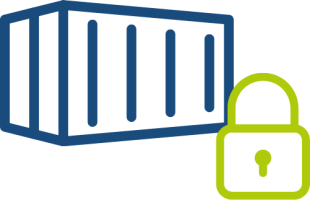 Icon eines Containers mit Schloss, symbolisiert sichere Container-Umgebungen und Kubernetes-Sicherheit.
