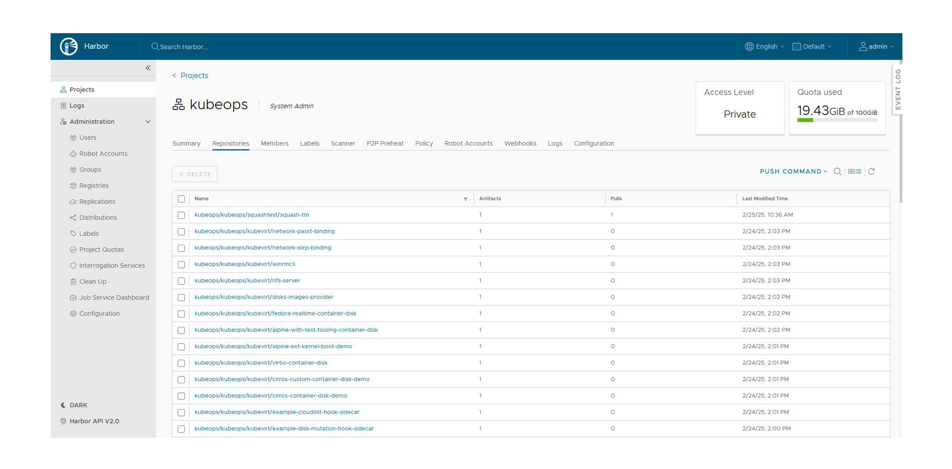 "Harbor-Dashboard mit dem Projekt 'kubeops' und einer Übersicht über Container-Image-Repositories. Anzeige des Speicherverbrauchs mit 19,43 GiB von 100 GiB. Linksseitige Navigation mit Kategorien wie Projekte, Logs und Administration