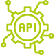 Grünes Icon eines Zahnrads mit der Aufschrift 'API' und nach außen führenden Verbindungslinien, symbolisiert gezielte Sicherung von API-Objekten..