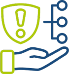 Icon mit Hand, Schild und Netzwerkstruktur, symbolisiert Risikomanagement und Schutzmaßnahmen.