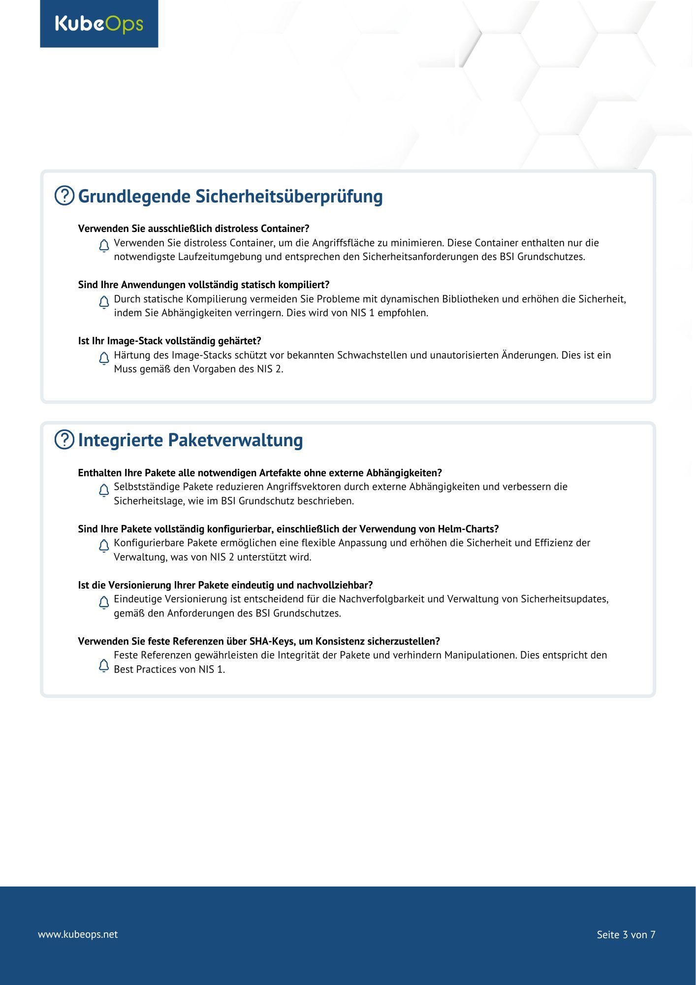 Zweite Seite der „Sicherheits-Checkliste für Ihre Kubernetes-Infrastruktur“ mit KubeOps-Logo, Abschnitten zur grundlegenden Sicherheitsüberprüfung und integrierten Paketverwaltung, sowie Checkpunkten zu Sicherheitsmaßnahmen.