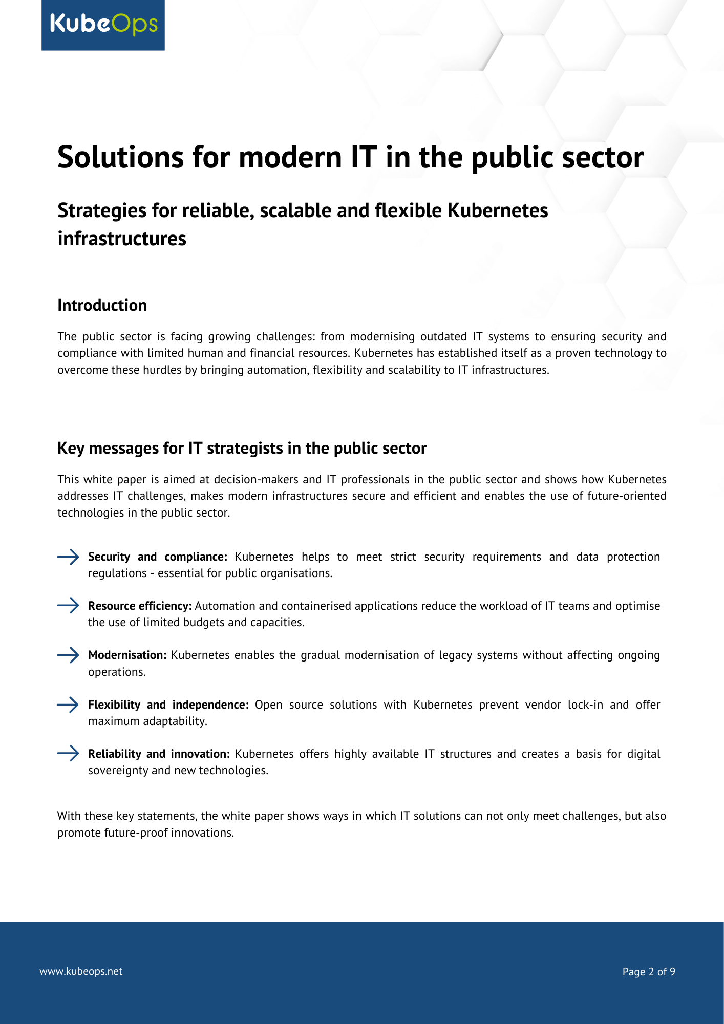  Einleitungsseite des Whitepapers „Lösungen für eine moderne IT im Public Sector“ mit KubeOps-Logo, Hauptüberschrift, Einführungstext und einer Liste von Herausforderungen und Lösungsansätzen für Kubernetes-Infrastrukturen im öffentlichen Sektor.