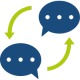 Icon mit zwei blauen Sprechblasen und grünen Pfeilen, symbolisiert interaktive Formate und Kommunikation.