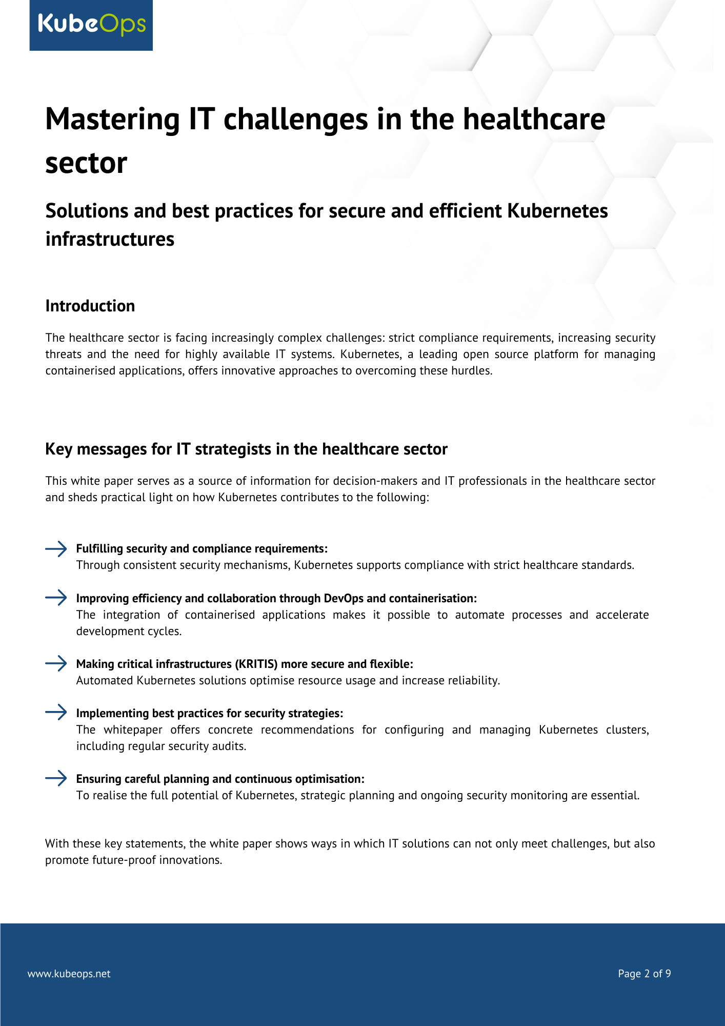 Introduction page of the whitepaper "Mastering IT Challenges in Healthcare" featuring the KubeOps logo, main heading, introduction text on IT challenges, and key messages for IT strategies in healthcare.